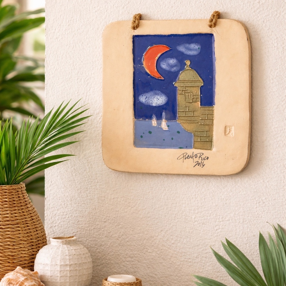 Handmade‎ Clay Wall Art – Puerto Rico Night Scene | Glazed Ceramic | 6” x 6”